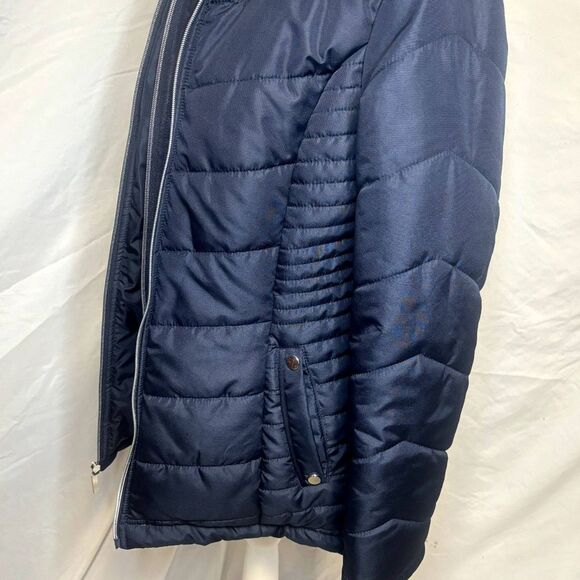 INTL Details Navy Blue Quilted Layered Puffer Coat Jacket Zip Up Hooded Comfy - Picture 5 of 8